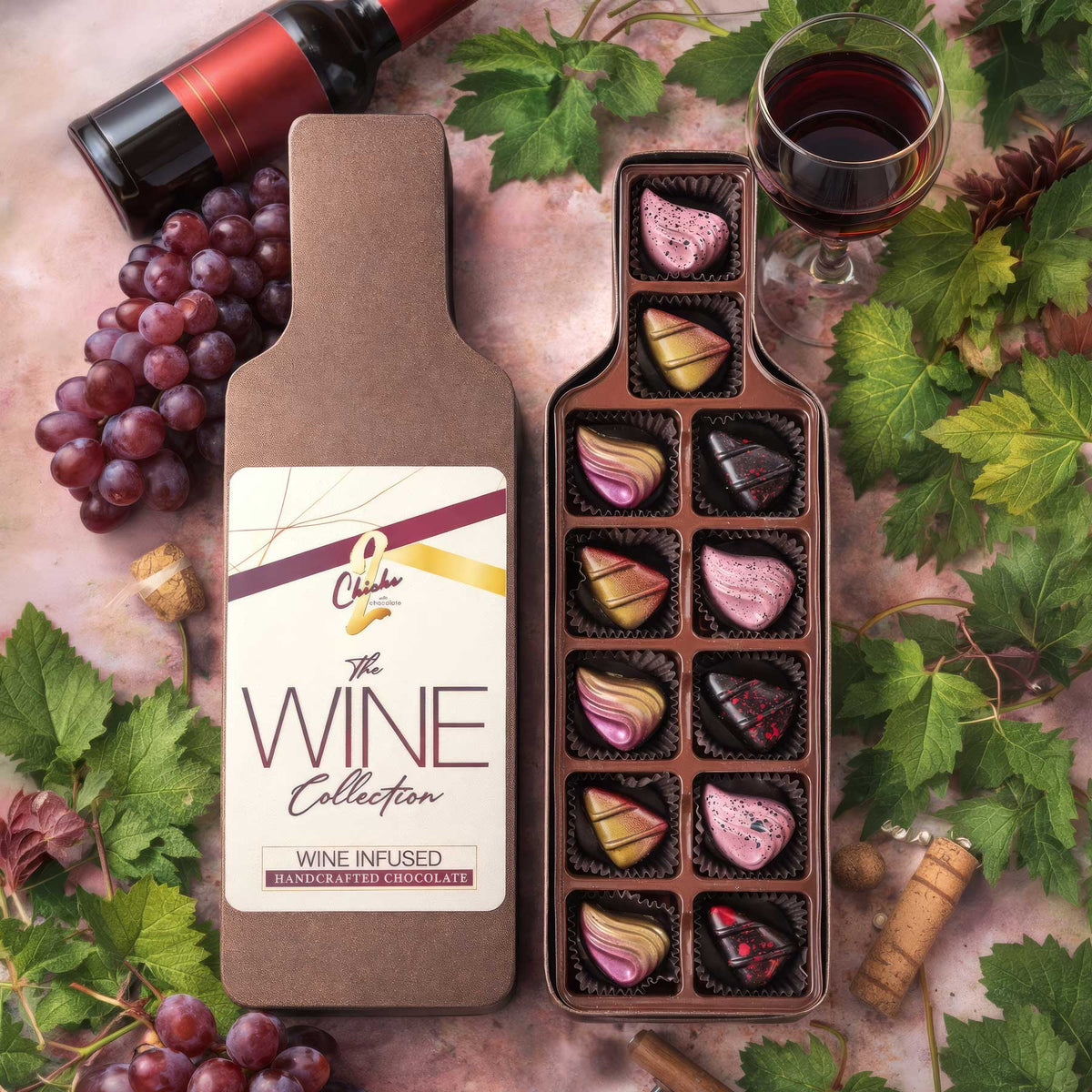 Wine-Infused Chocolate Collection – 12-Piece Gourmet Gift Box - 2 Chicks with Chocolate