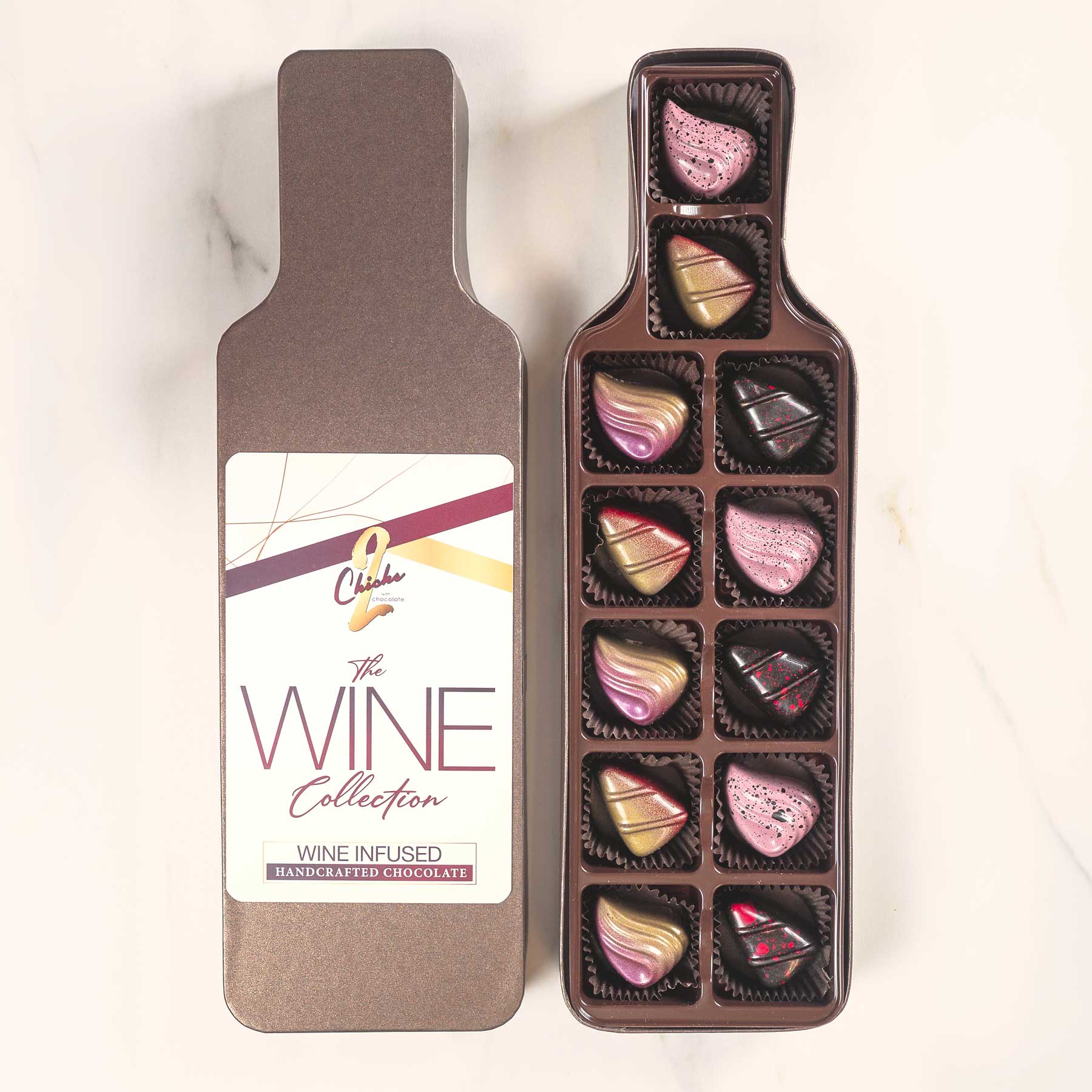 Wine-Infused Chocolate Collection – 12-Piece Gourmet Gift Box - 2 Chicks with Chocolate