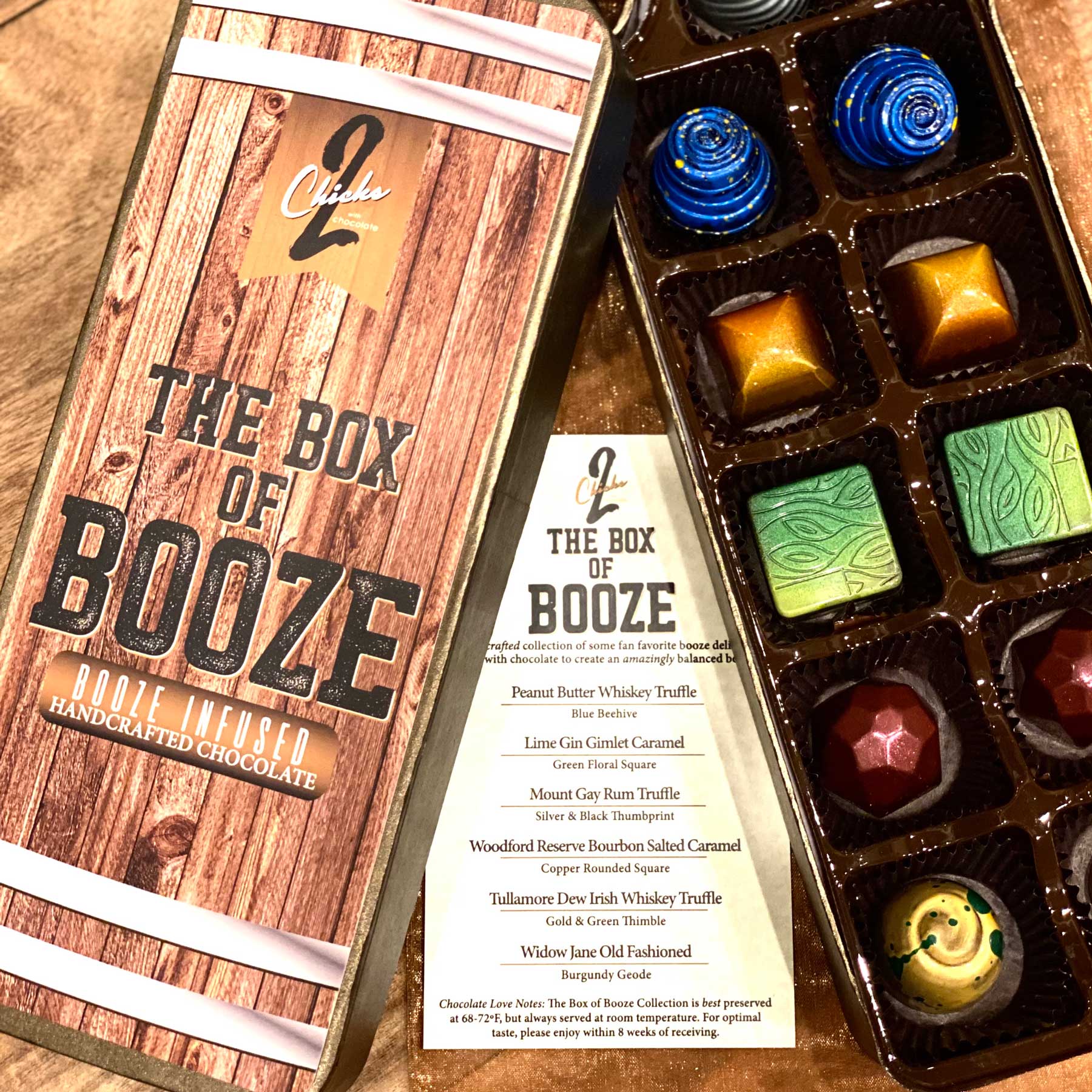 Box of Booze Collection – 12-Piece Spirit-Inspired Chocolate Gift Box - 2 Chicks with Chocolate